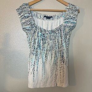 Calvin Klein Jeans White Top with Aqua & Navy Vine Print Earthy summer casual M